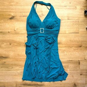 Plus-size Turquoise blue halter dress with rhinestone buckle